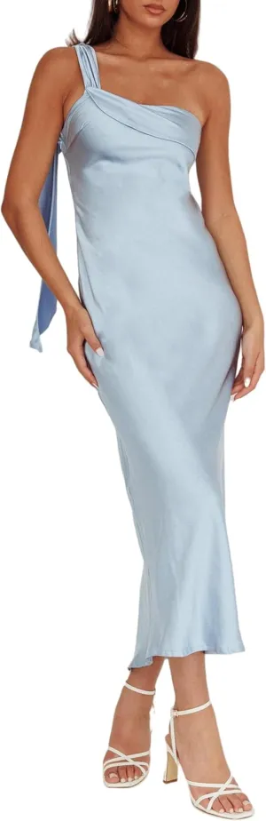 2025 Satin One Shoulder Maxi Dress for Women Summer Silk Formal Elegant Backless Ruffle Sleeveless Wedding Guest Dresses