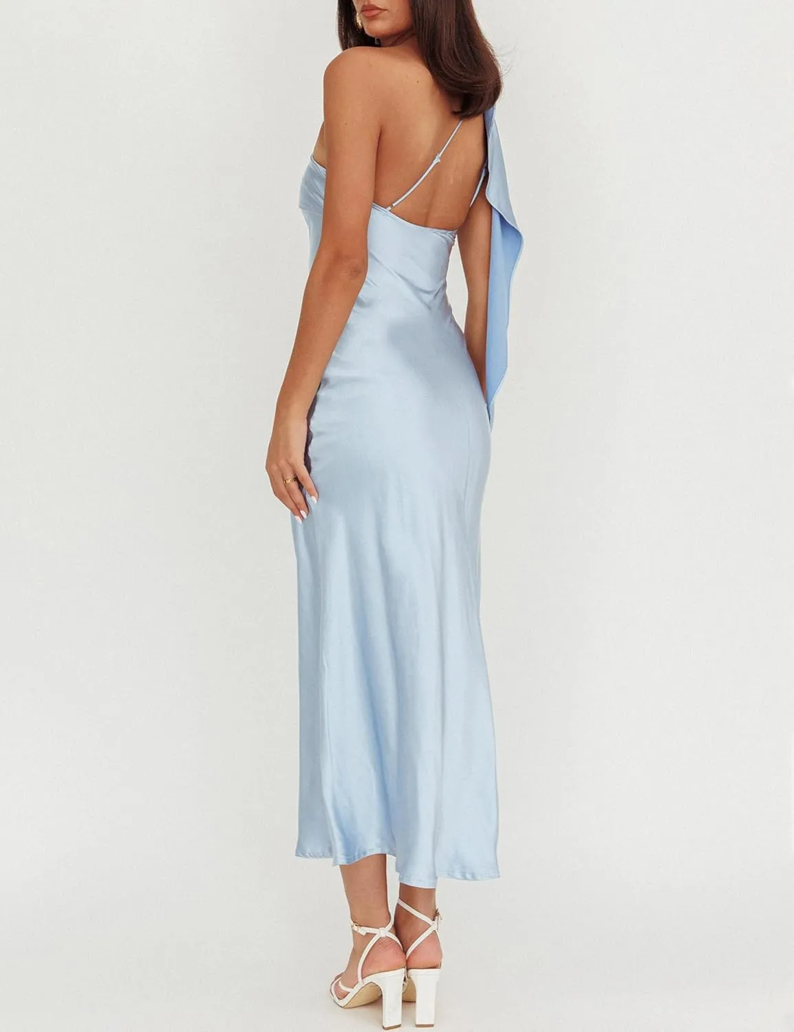 2025 Satin One Shoulder Maxi Dress for Women Summer Silk Formal Elegant Backless Ruffle Sleeveless Wedding Guest Dresses