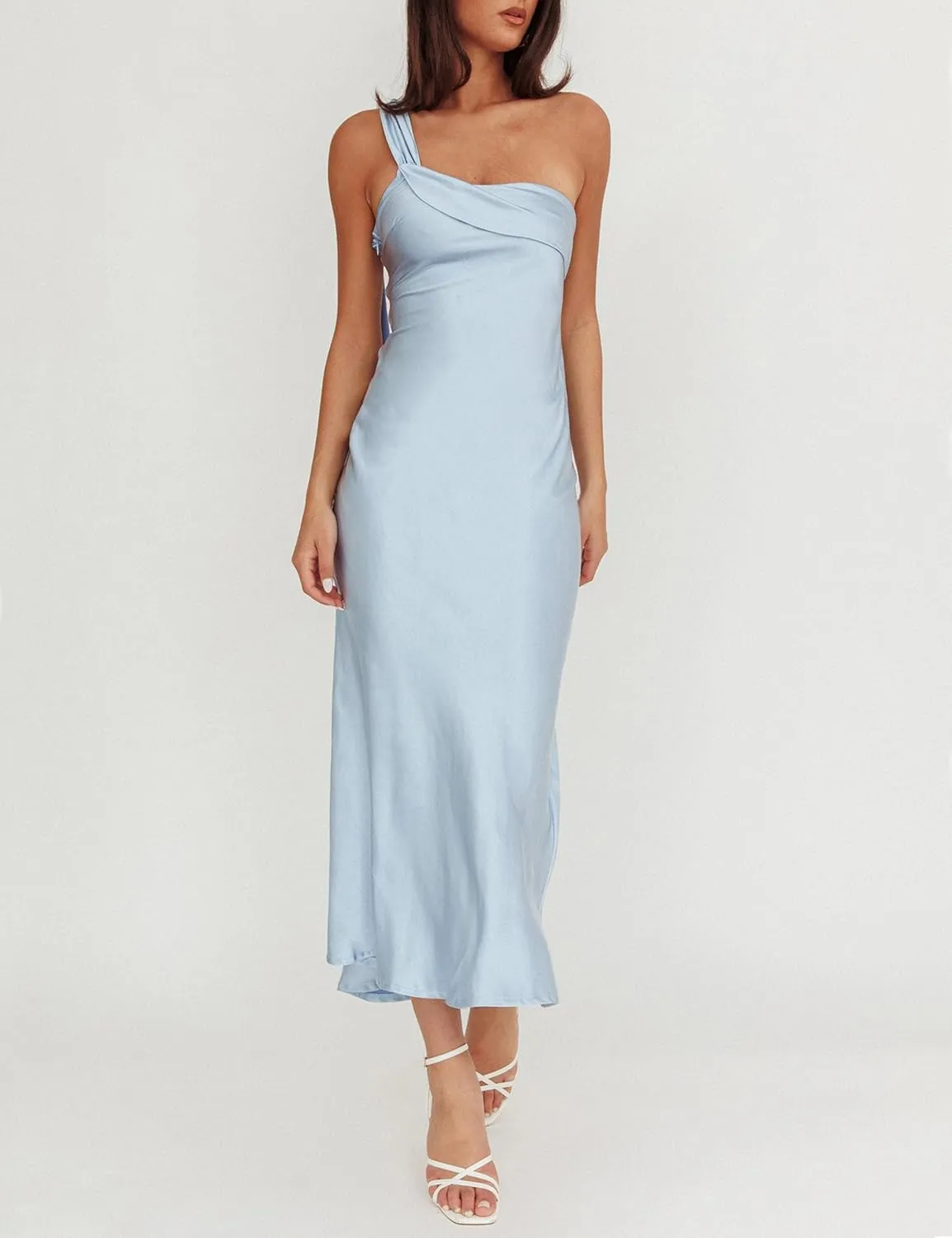 2025 Satin One Shoulder Maxi Dress for Women Summer Silk Formal Elegant Backless Ruffle Sleeveless Wedding Guest Dresses