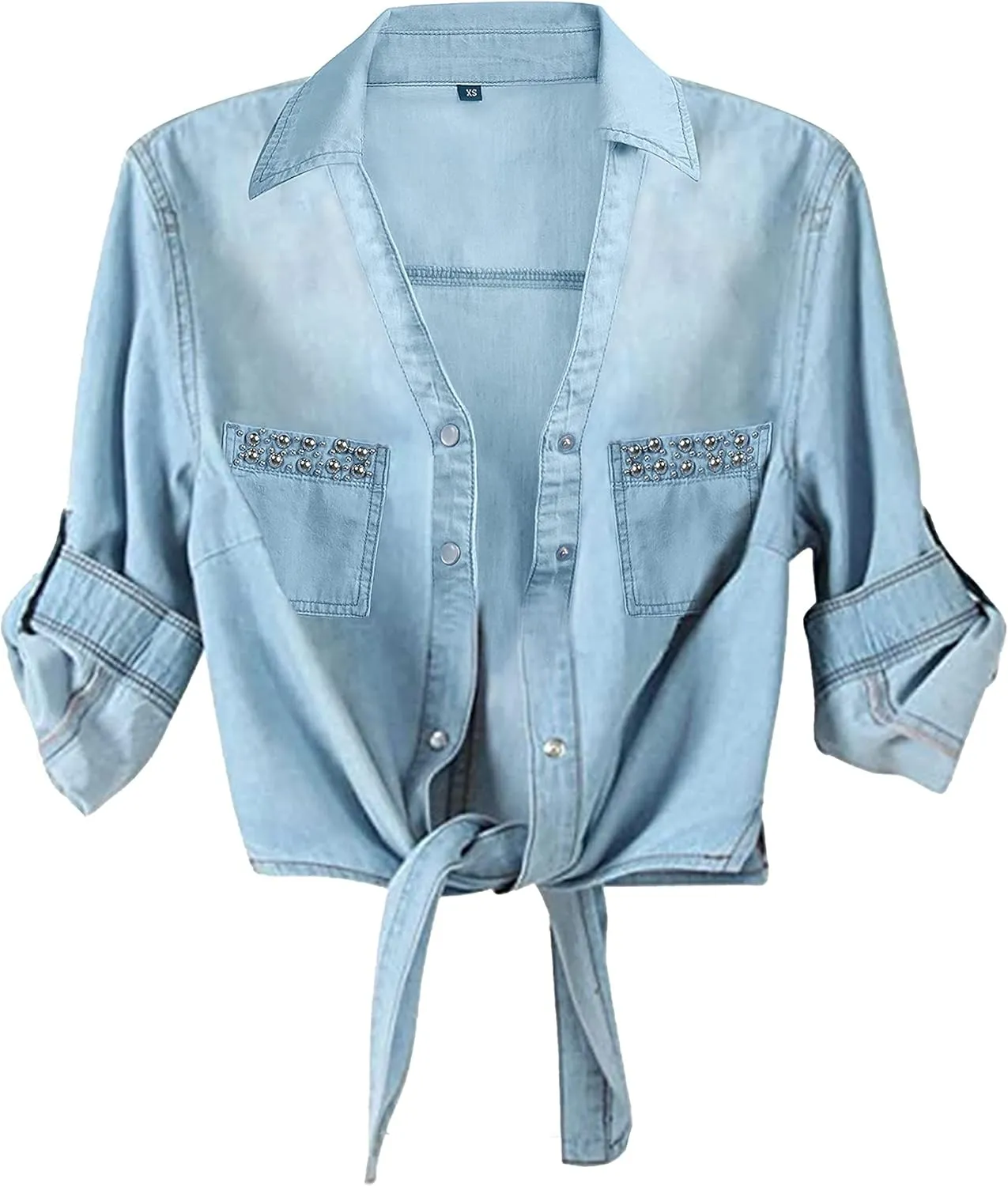 AMEBELLE Women's Roll Up 3/4 Sleeve Tie Front Knot Shirt Chambray Denim Crop Top