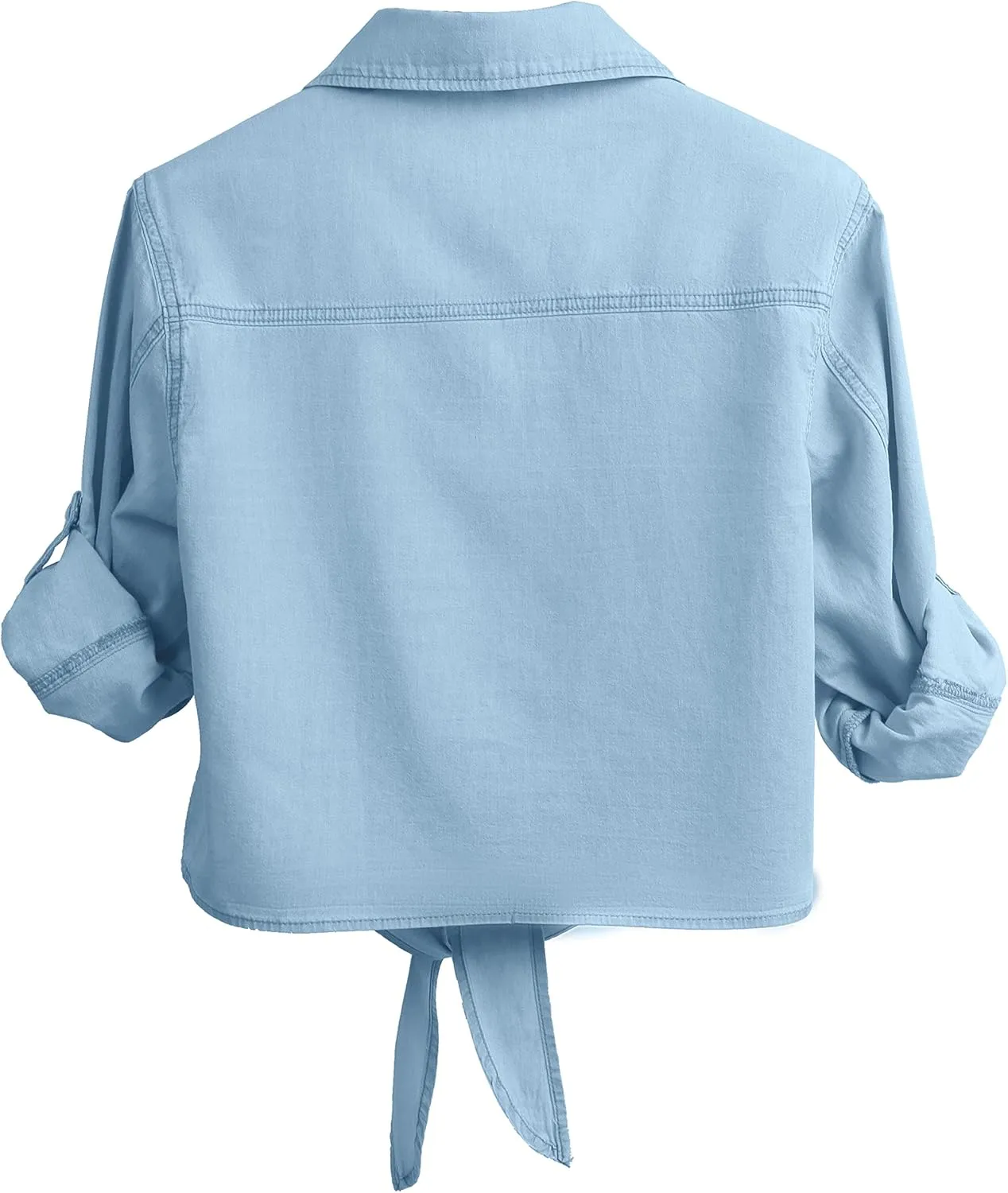AMEBELLE Women's Roll Up 3/4 Sleeve Tie Front Knot Shirt Chambray Denim Crop Top