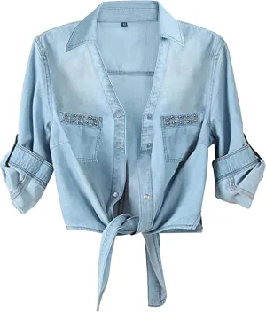 AMEBELLE Women's Roll Up 3/4 Sleeve Tie Front Knot Shirt Chambray Denim Crop Top
