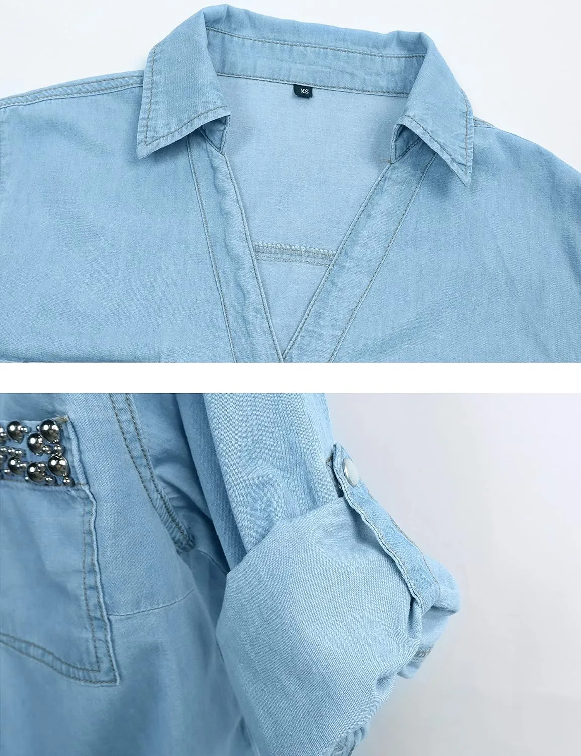 AMEBELLE Women's Roll Up 3/4 Sleeve Tie Front Knot Shirt Chambray Denim Crop Top