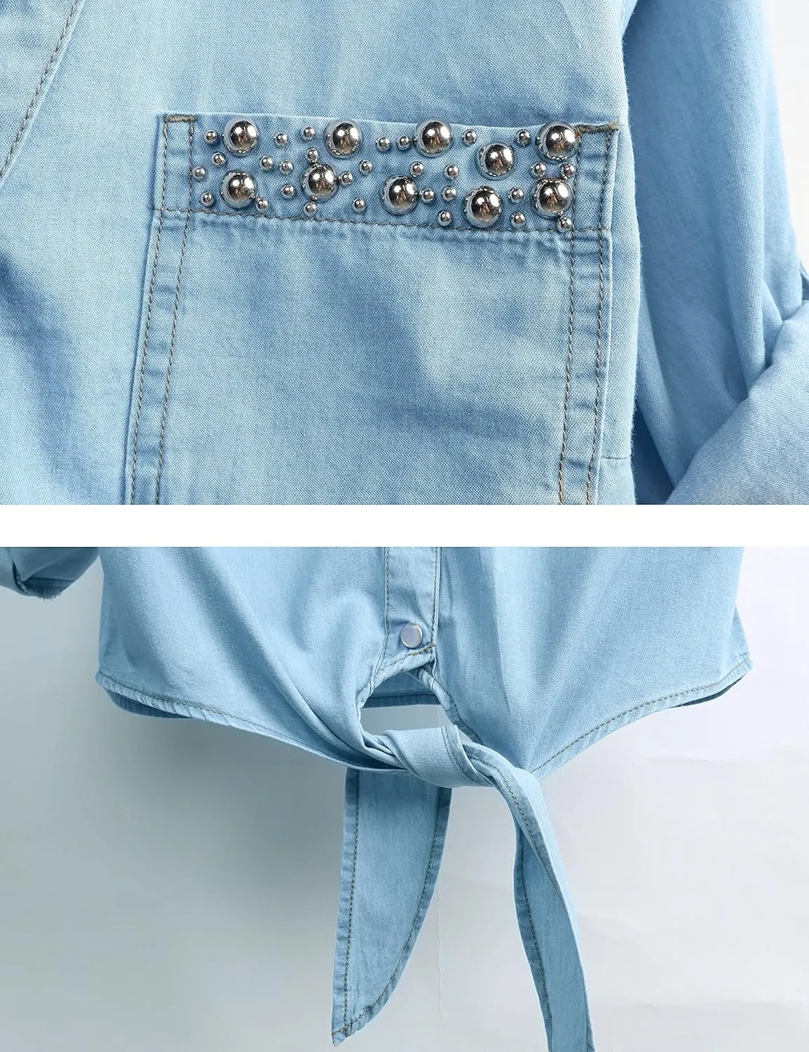 AMEBELLE Women's Roll Up 3/4 Sleeve Tie Front Knot Shirt Chambray Denim Crop Top