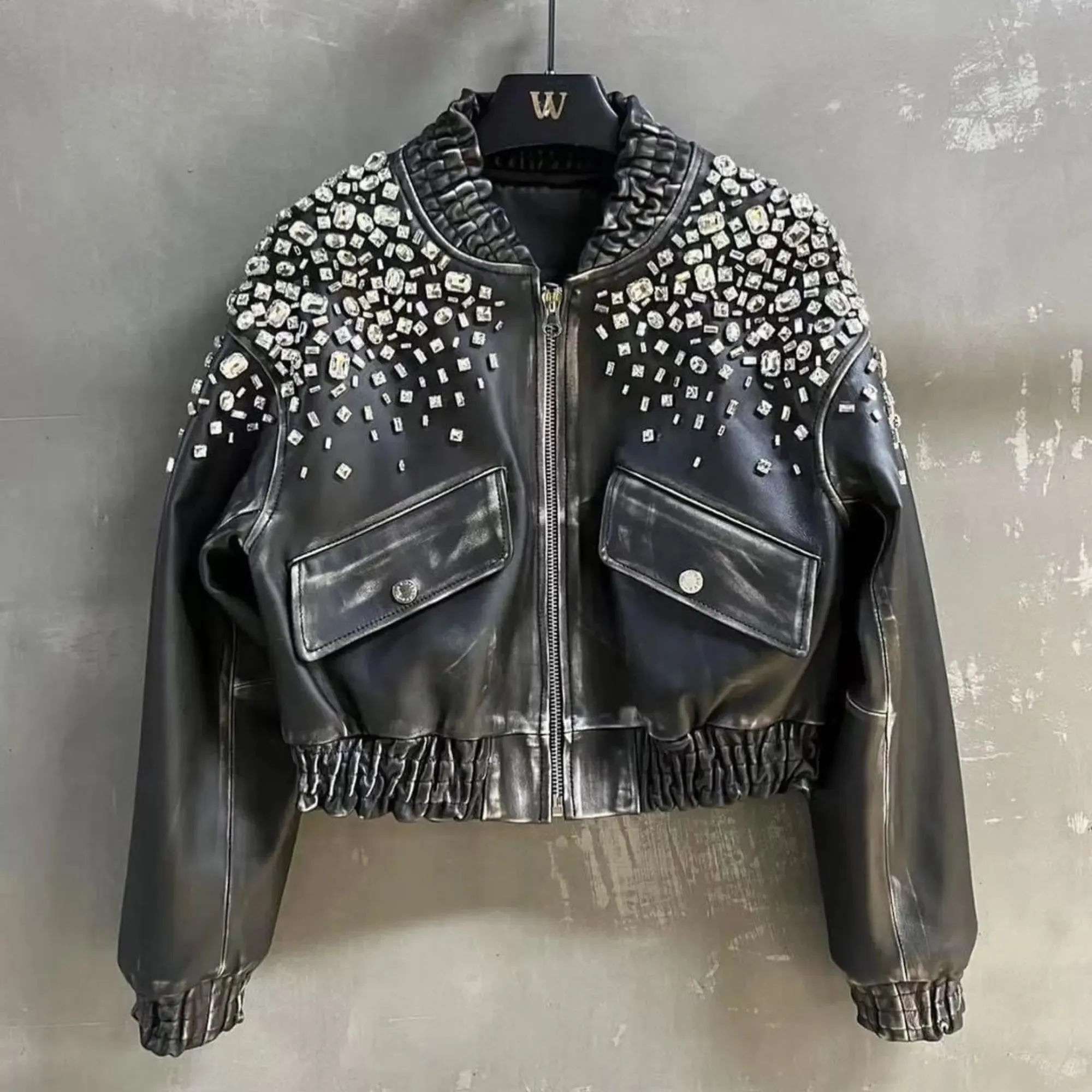 Black Crystal Leather Jacket
