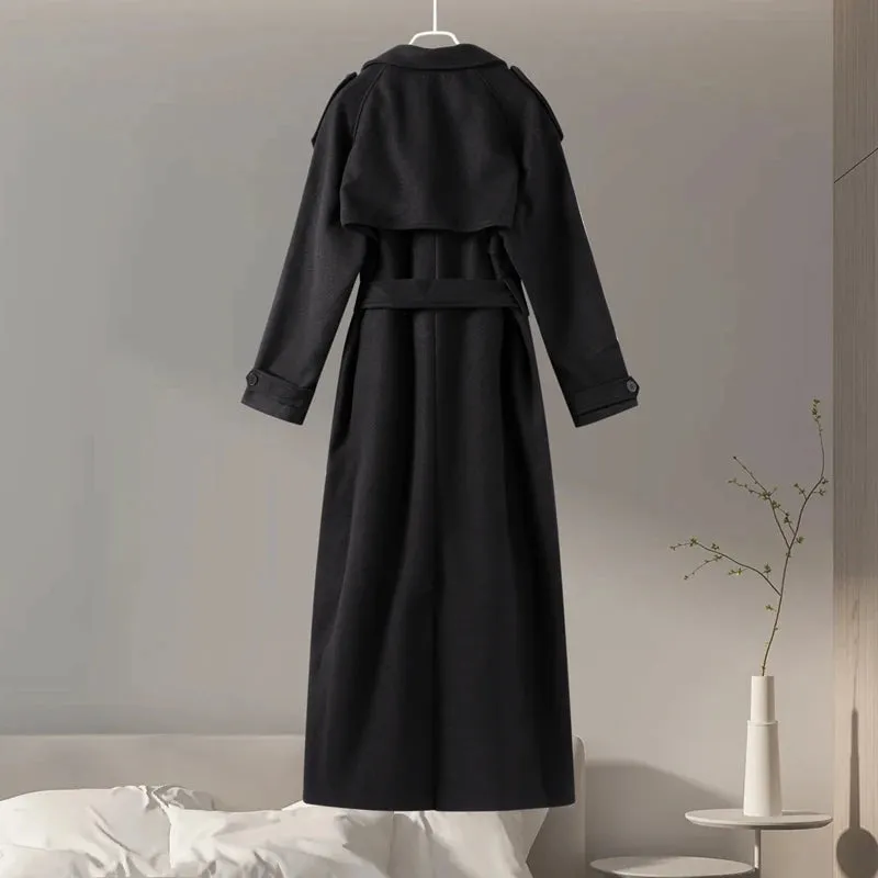 City fashion belted oversized loose wool trench coat