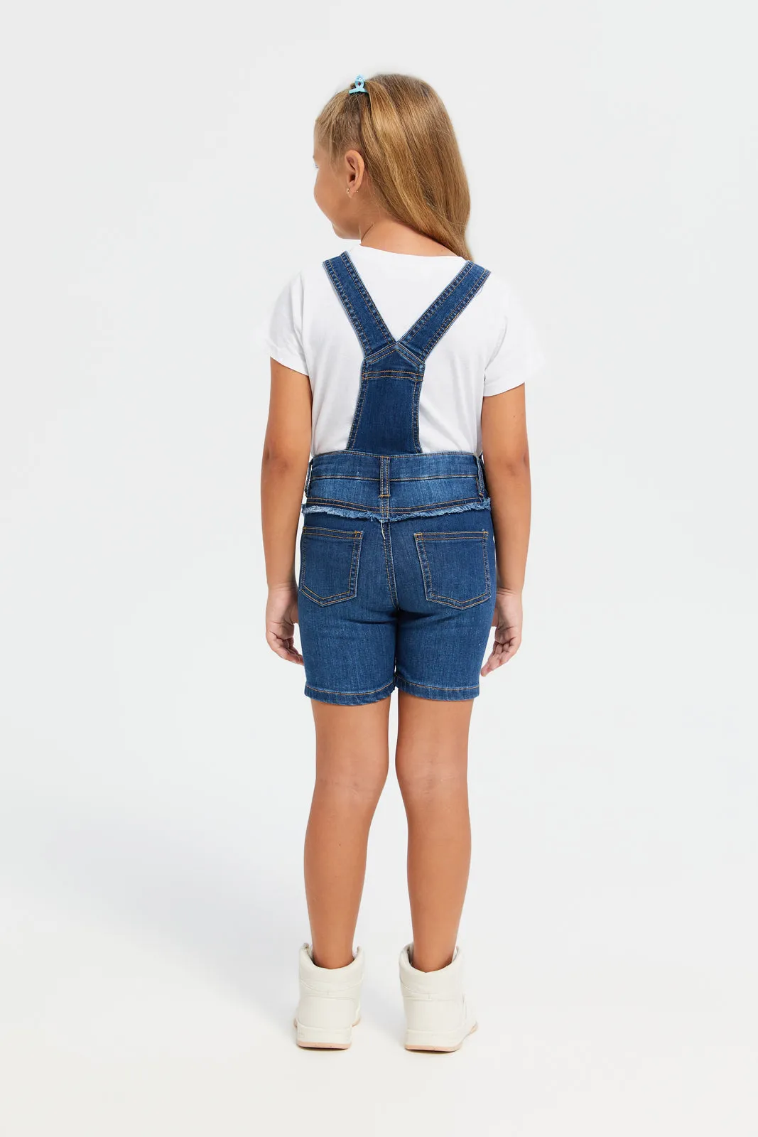 Girls Navy And White Denim Dungaree With T-Shirt (2 Piece)