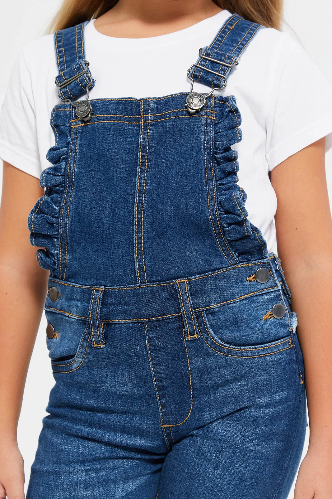 Girls Navy And White Denim Dungaree With T-Shirt (2 Piece)