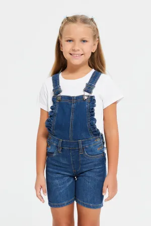 Girls Navy And White Denim Dungaree With T-Shirt (2 Piece)