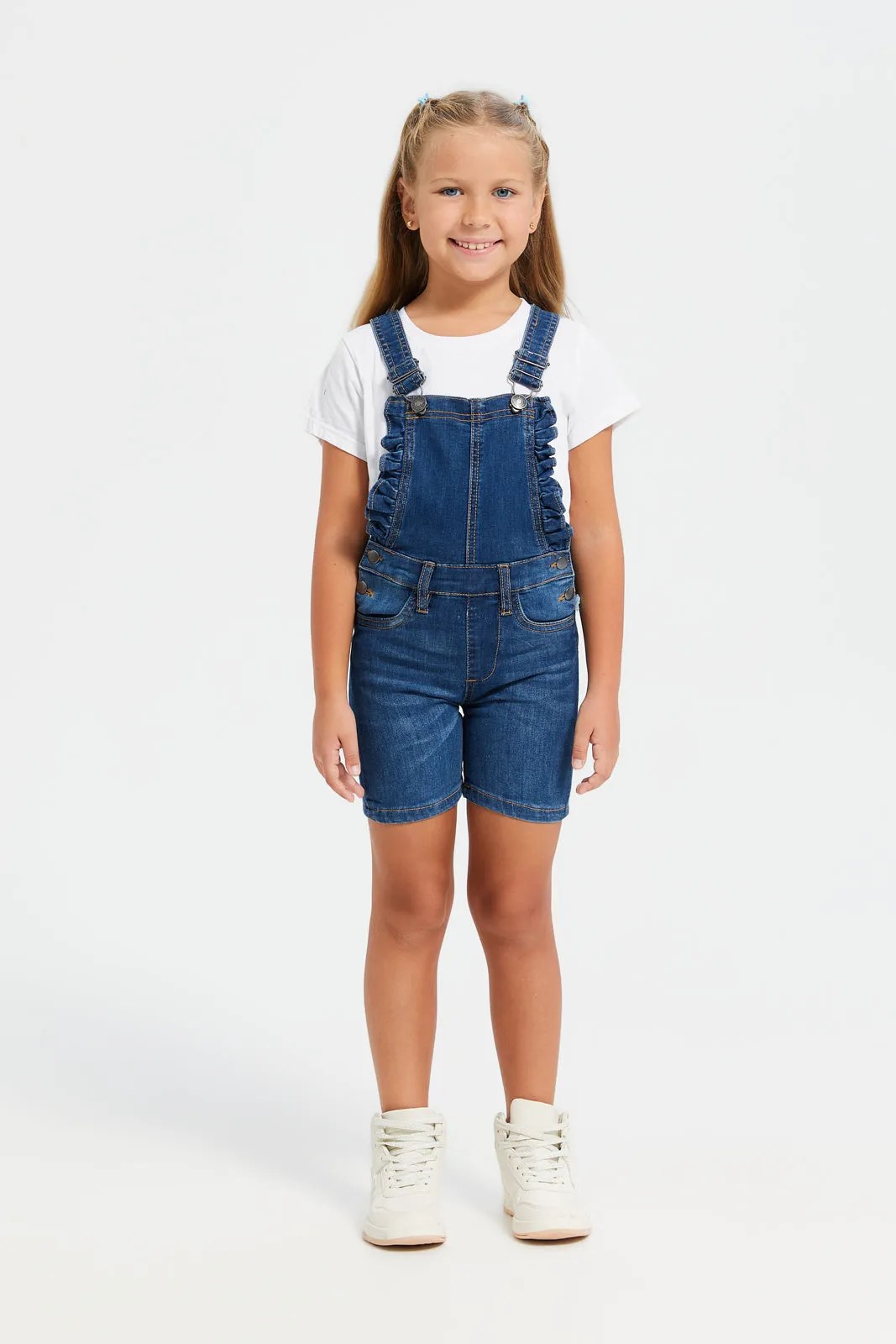 Girls Navy And White Denim Dungaree With T-Shirt (2 Piece)