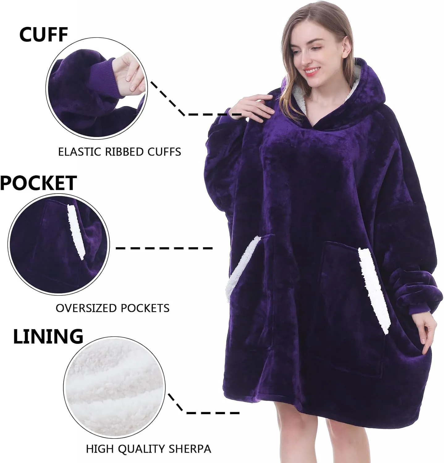 Kipswiza Dark Purple Wearable Blanket Hoodie - Comfy Sherpa Fleece Oversized Hooded Blankets Sweatshirt Gifts for Her Women Adult Teens Men