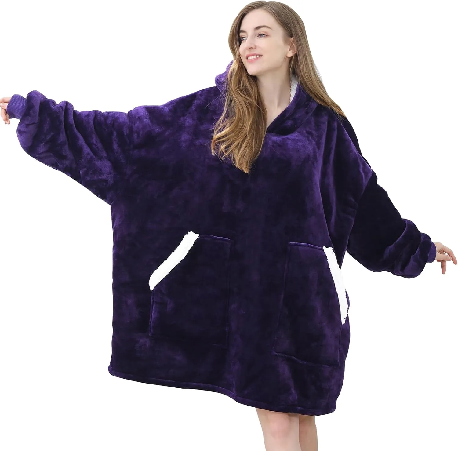 Kipswiza Dark Purple Wearable Blanket Hoodie - Comfy Sherpa Fleece Oversized Hooded Blankets Sweatshirt Gifts for Her Women Adult Teens Men