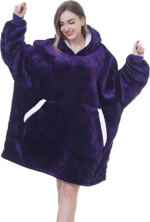 Kipswiza Dark Purple Wearable Blanket Hoodie - Comfy Sherpa Fleece Oversized Hooded Blankets Sweatshirt Gifts for Her Women Adult Teens Men
