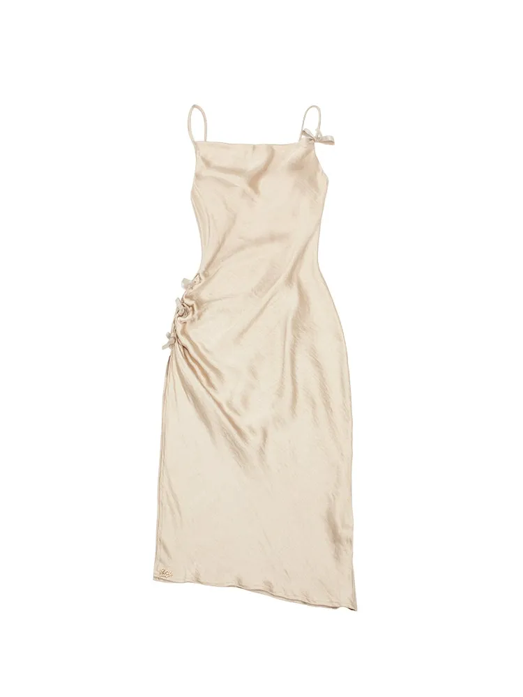 Le Palais Vintage Elegant Beige Sleeveless Silk Swing-neck Side Slit Cocktail Dress-Mena