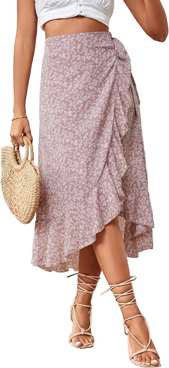 LYANER Women's Boho Floral Print Wrap Front Self Tie Knot Ruffle Hem Split Midi Skirt