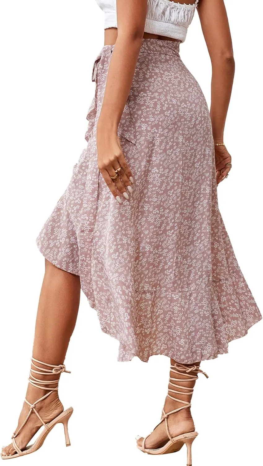 LYANER Women's Boho Floral Print Wrap Front Self Tie Knot Ruffle Hem Split Midi Skirt