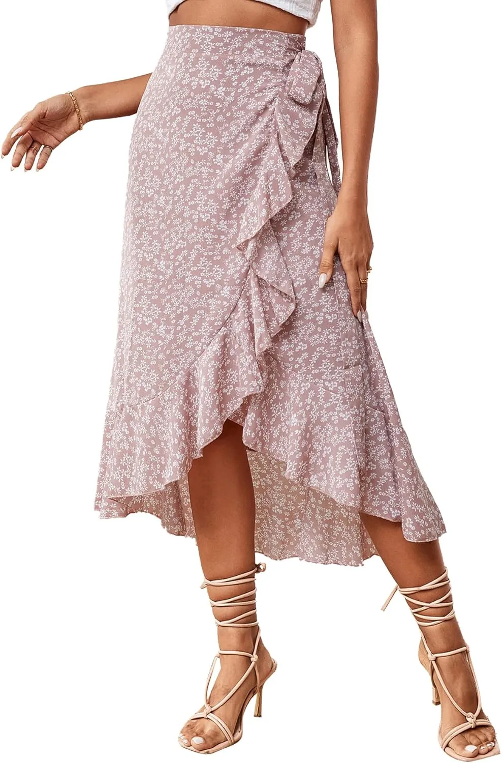 LYANER Women's Boho Floral Print Wrap Front Self Tie Knot Ruffle Hem Split Midi Skirt