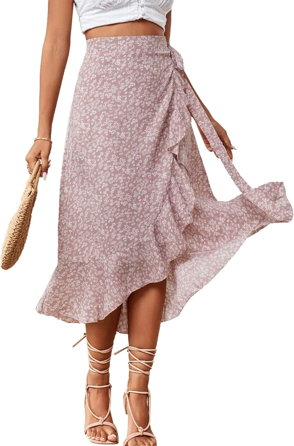 LYANER Women's Boho Floral Print Wrap Front Self Tie Knot Ruffle Hem Split Midi Skirt