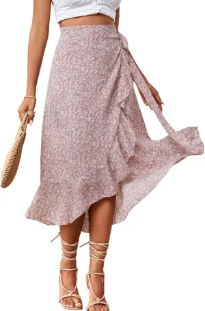 LYANER Women's Boho Floral Print Wrap Front Self Tie Knot Ruffle Hem Split Midi Skirt