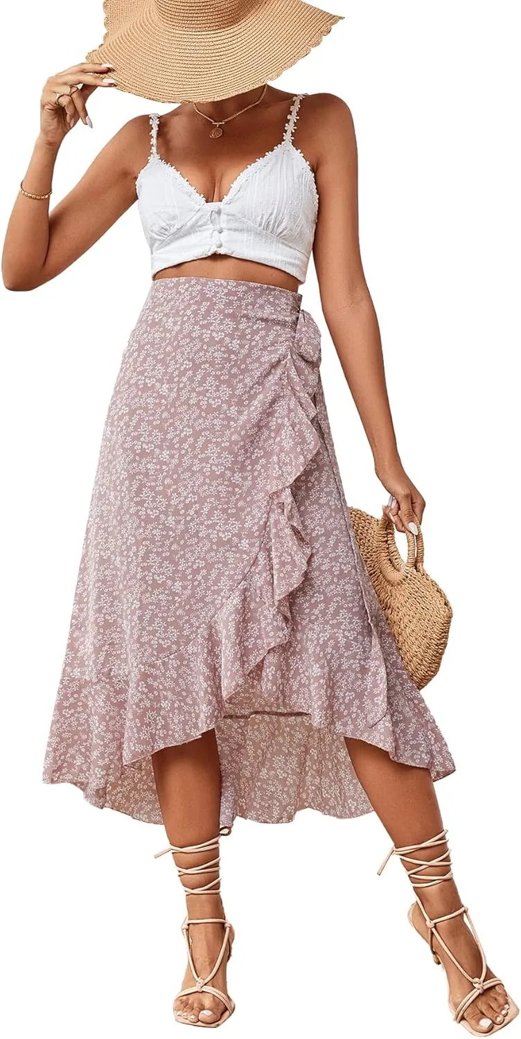 LYANER Women's Boho Floral Print Wrap Front Self Tie Knot Ruffle Hem Split Midi Skirt