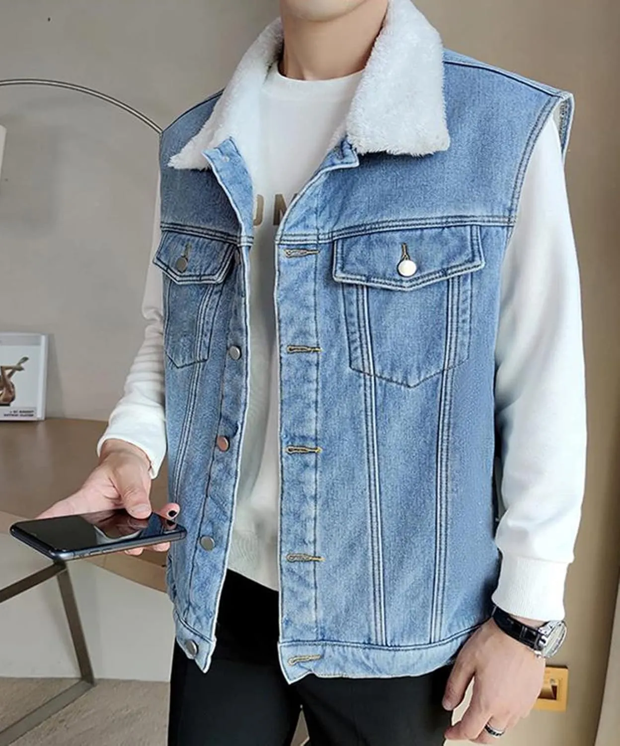Men`s Winter Sherpa Lined Denim Vest Fleece Sleeveless Jean Jacket Waistcoat