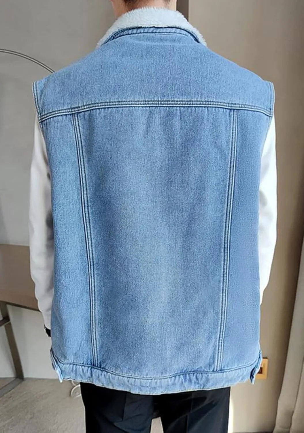 Men`s Winter Sherpa Lined Denim Vest Fleece Sleeveless Jean Jacket Waistcoat