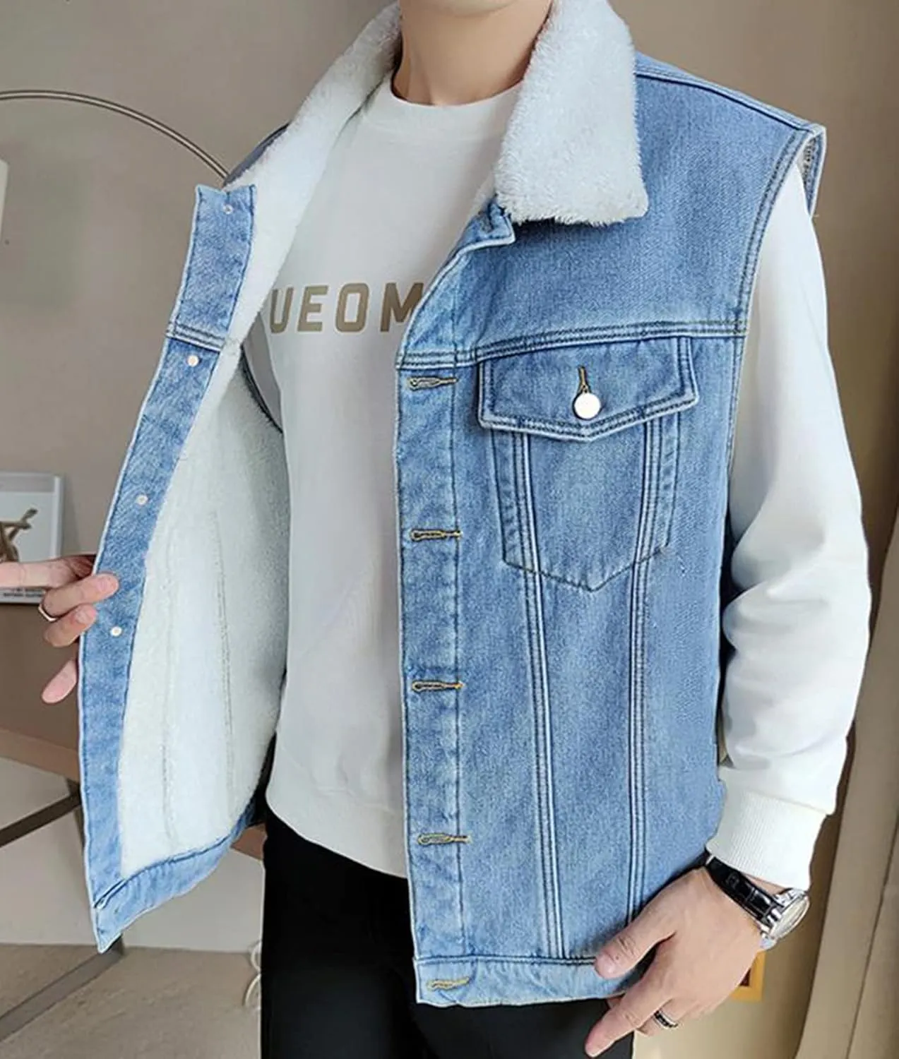 Men`s Winter Sherpa Lined Denim Vest Fleece Sleeveless Jean Jacket Waistcoat