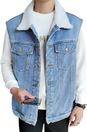 Men`s Winter Sherpa Lined Denim Vest Fleece Sleeveless Jean Jacket Waistcoat