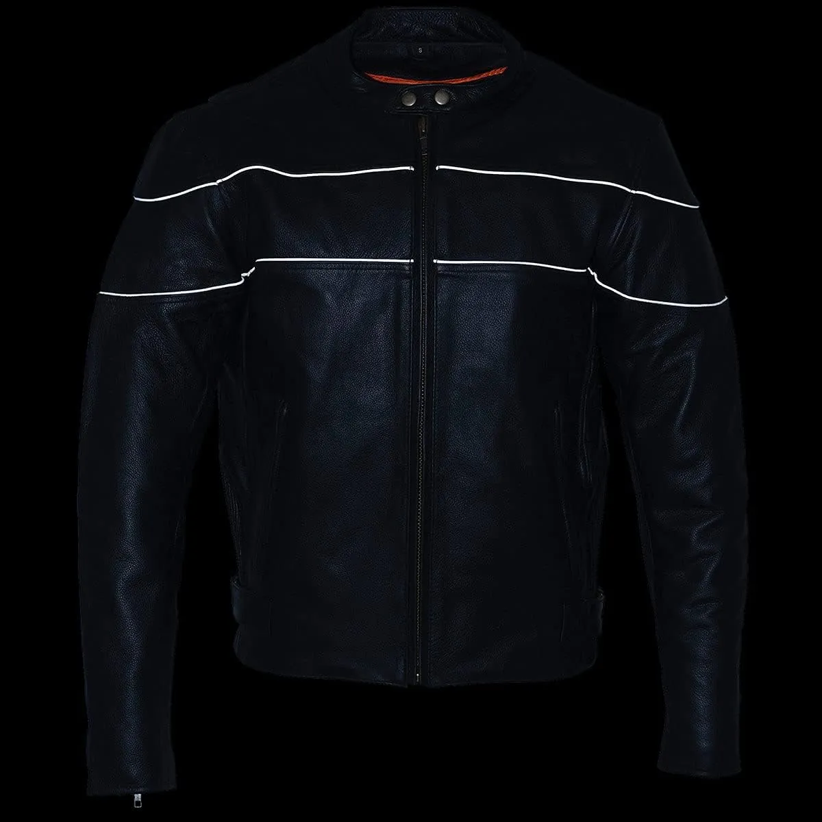 Milwaukee Leather SH1785 Men's Black Leather Scooter Style Motorcycle Jacket w/Side Stretch and Reflective Piping
