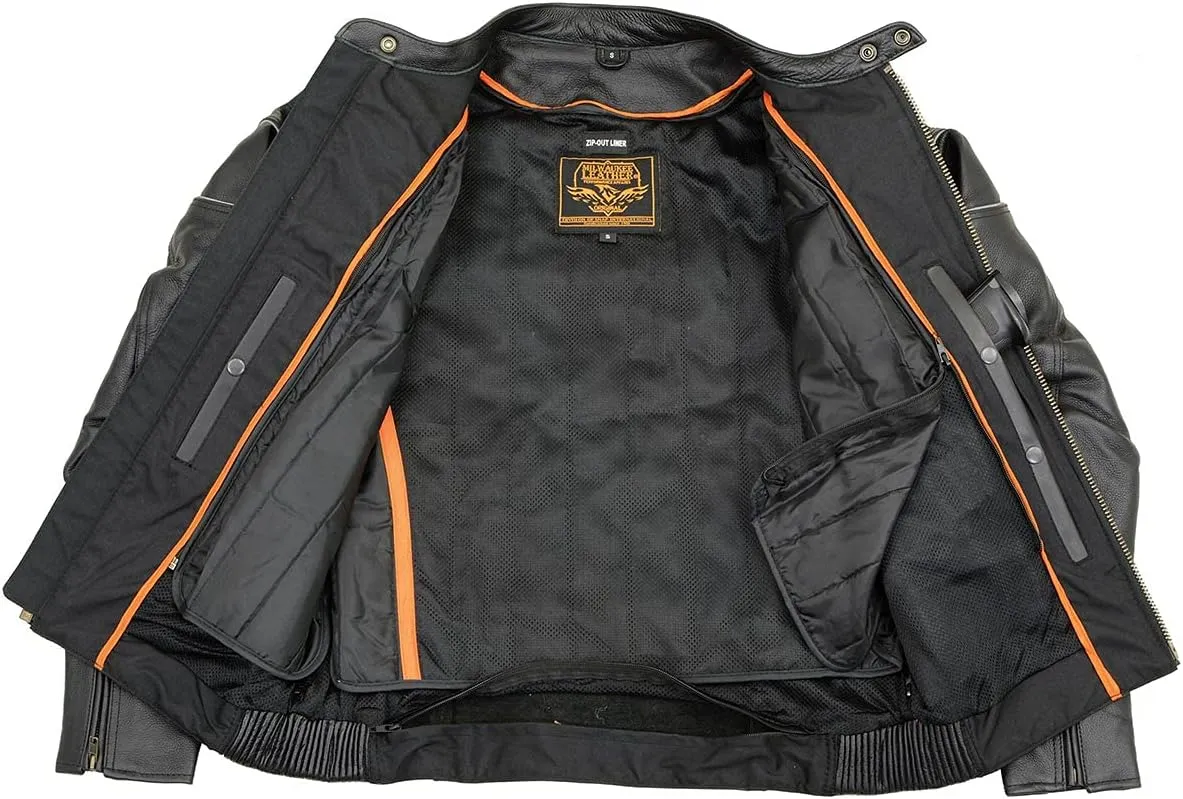 Milwaukee Leather SH1785 Men's Black Leather Scooter Style Motorcycle Jacket w/Side Stretch and Reflective Piping