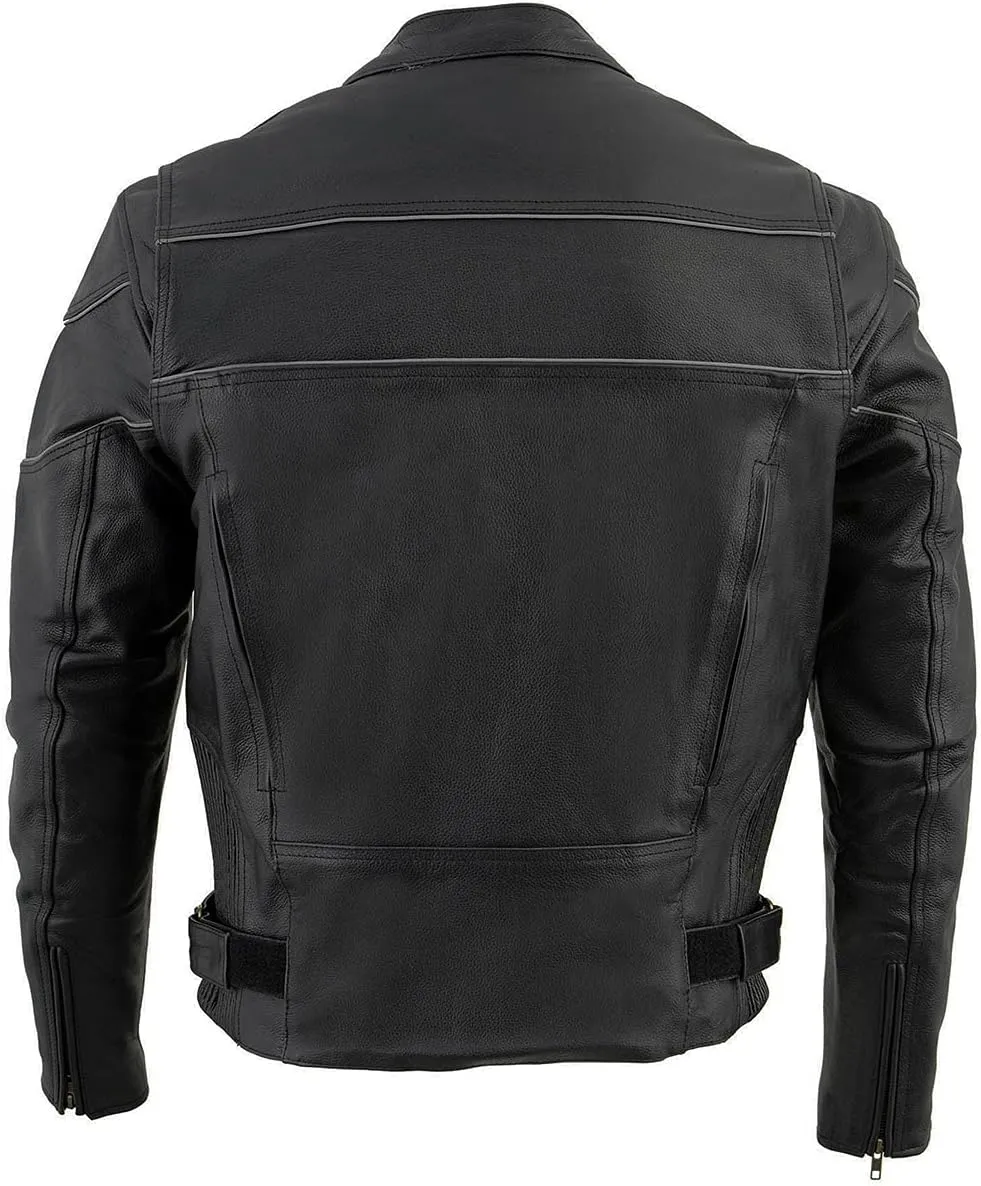 Milwaukee Leather SH1785 Men's Black Leather Scooter Style Motorcycle Jacket w/Side Stretch and Reflective Piping