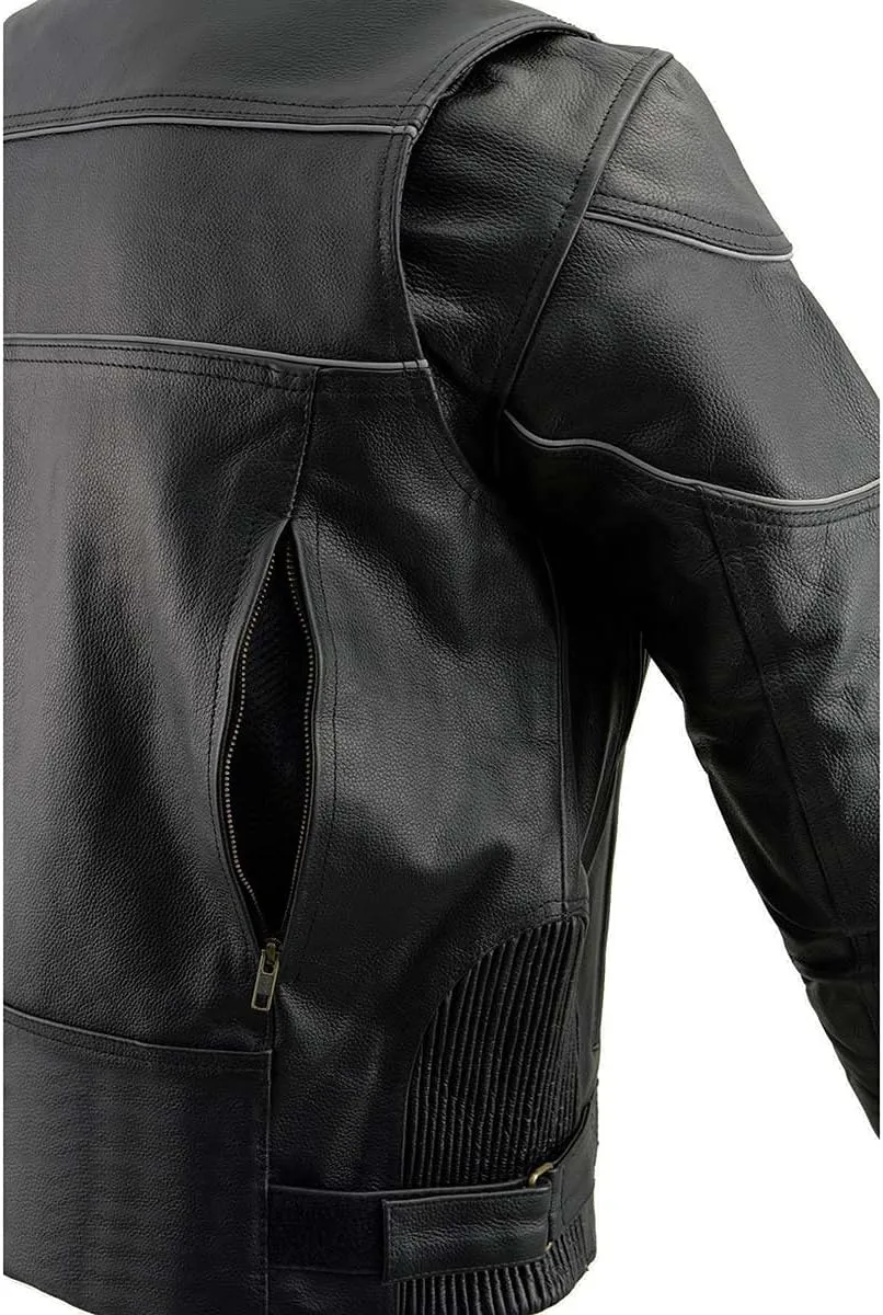 Milwaukee Leather SH1785 Men's Black Leather Scooter Style Motorcycle Jacket w/Side Stretch and Reflective Piping