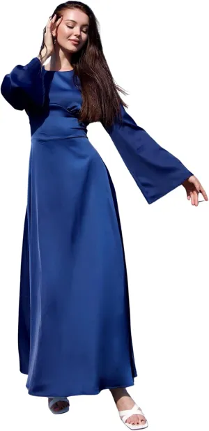 Modest Satin Maxi Dress for Women Long Sleeve Floor Length Evening Gown Hijab Friendly A-Line Empire Waist