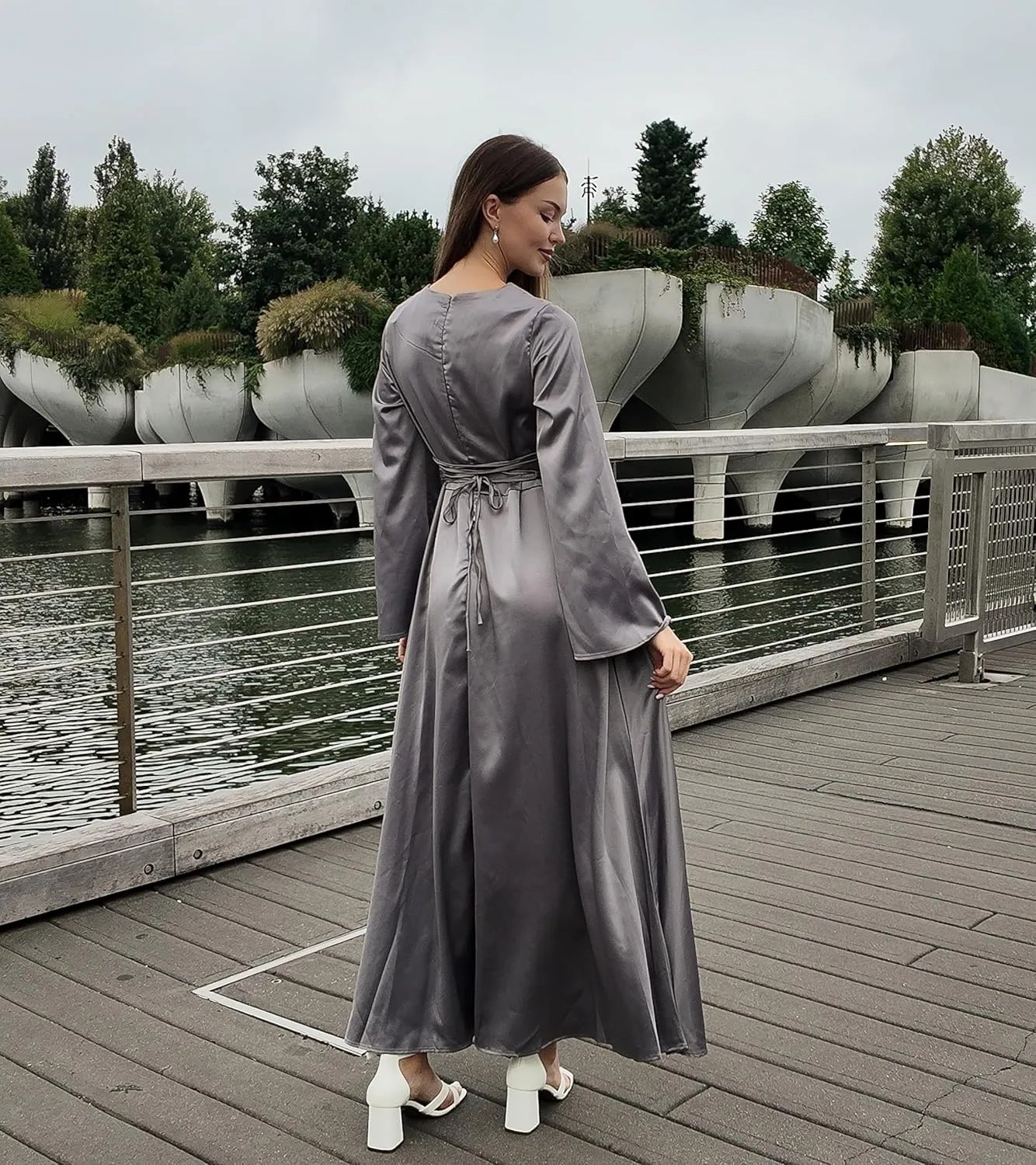 Modest Satin Maxi Dress for Women Long Sleeve Floor Length Evening Gown Hijab Friendly A-Line Empire Waist