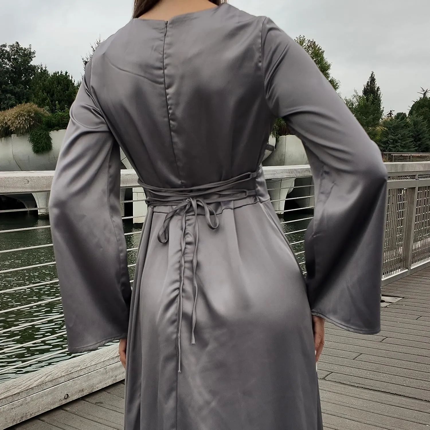 Modest Satin Maxi Dress for Women Long Sleeve Floor Length Evening Gown Hijab Friendly A-Line Empire Waist