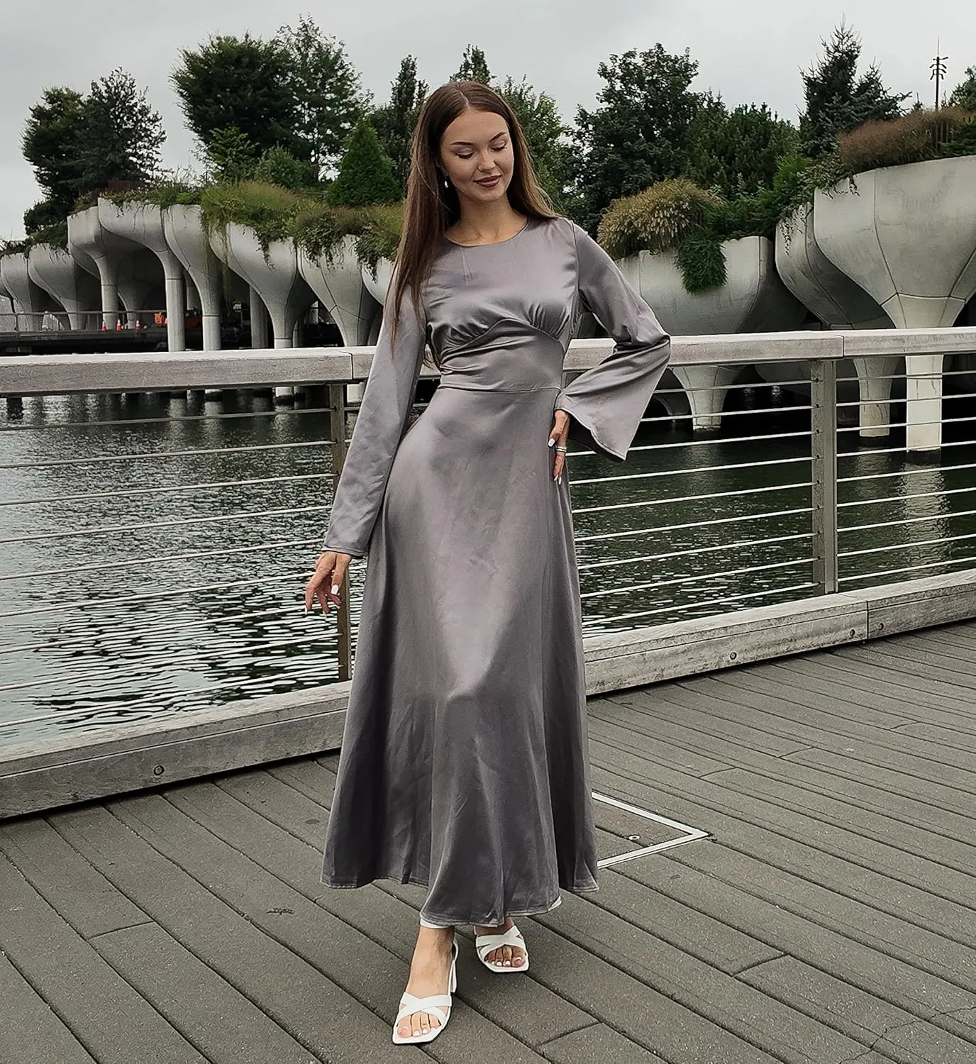 Modest Satin Maxi Dress for Women Long Sleeve Floor Length Evening Gown Hijab Friendly A-Line Empire Waist
