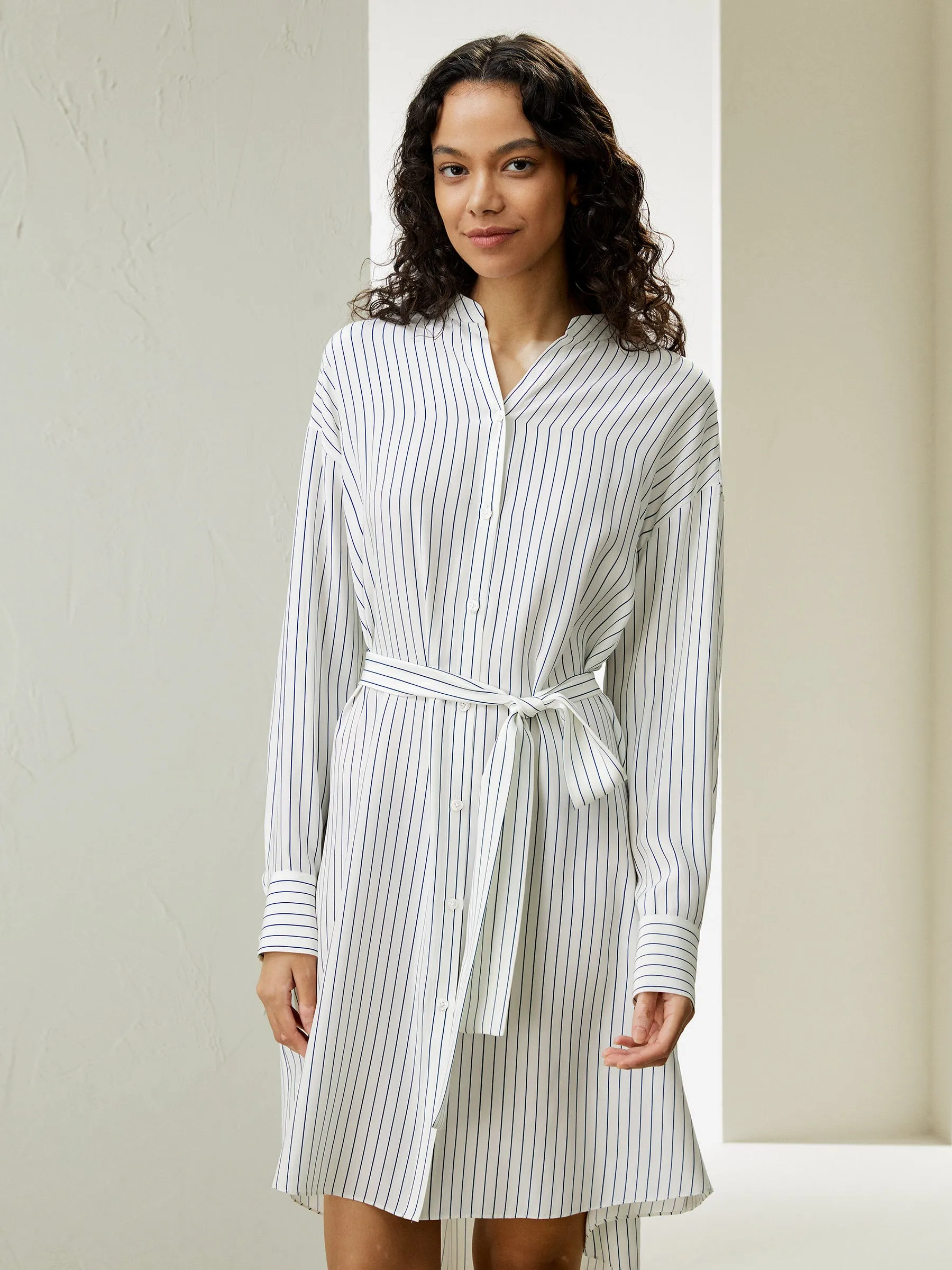 Pinstriped Silk Shirtdress with Belt