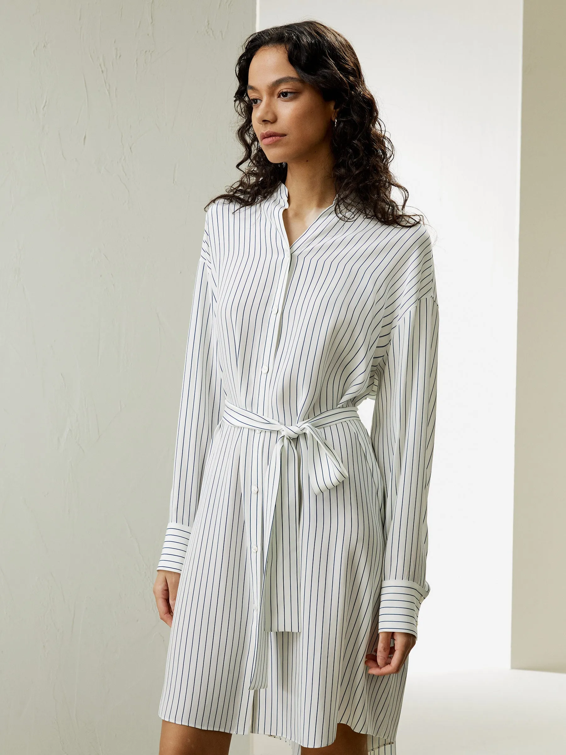 Pinstriped Silk Shirtdress with Belt