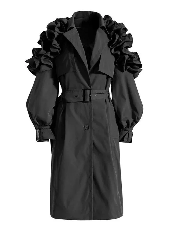Plus Size Beautiful Ruffles Belted Trench Coat