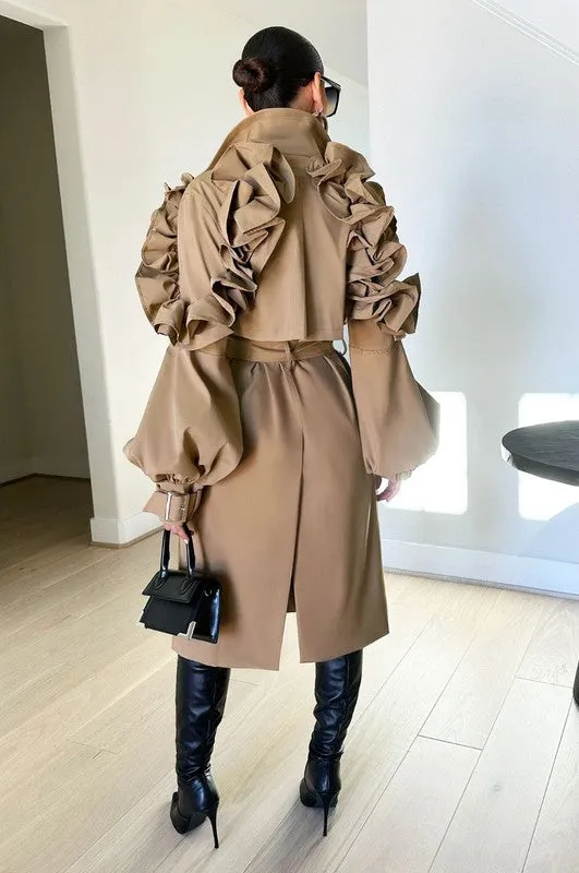 Plus Size Beautiful Ruffles Belted Trench Coat