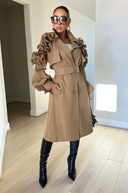Plus Size Beautiful Ruffles Belted Trench Coat