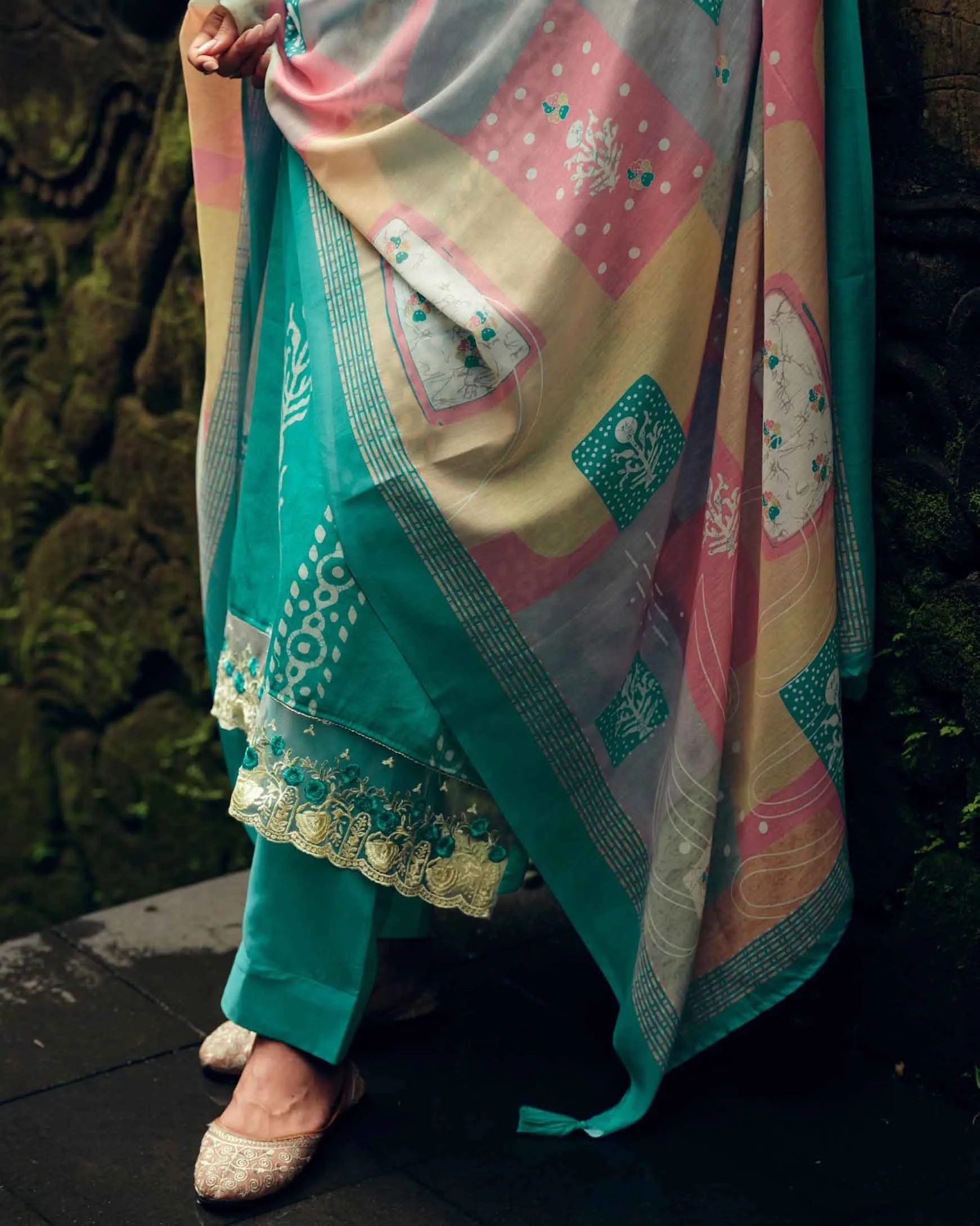 Pure Cotton Silk Teal Unstitched Ladies Suit Material With Embroidery