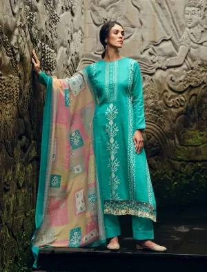 Pure Cotton Silk Teal Unstitched Ladies Suit Material With Embroidery