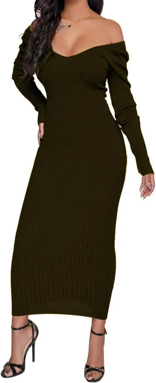 SheKiss Womens Off Shoulder Plus Size Work Business Sweater Dresses Long Sleeves Bodycon Cardigans Outfits