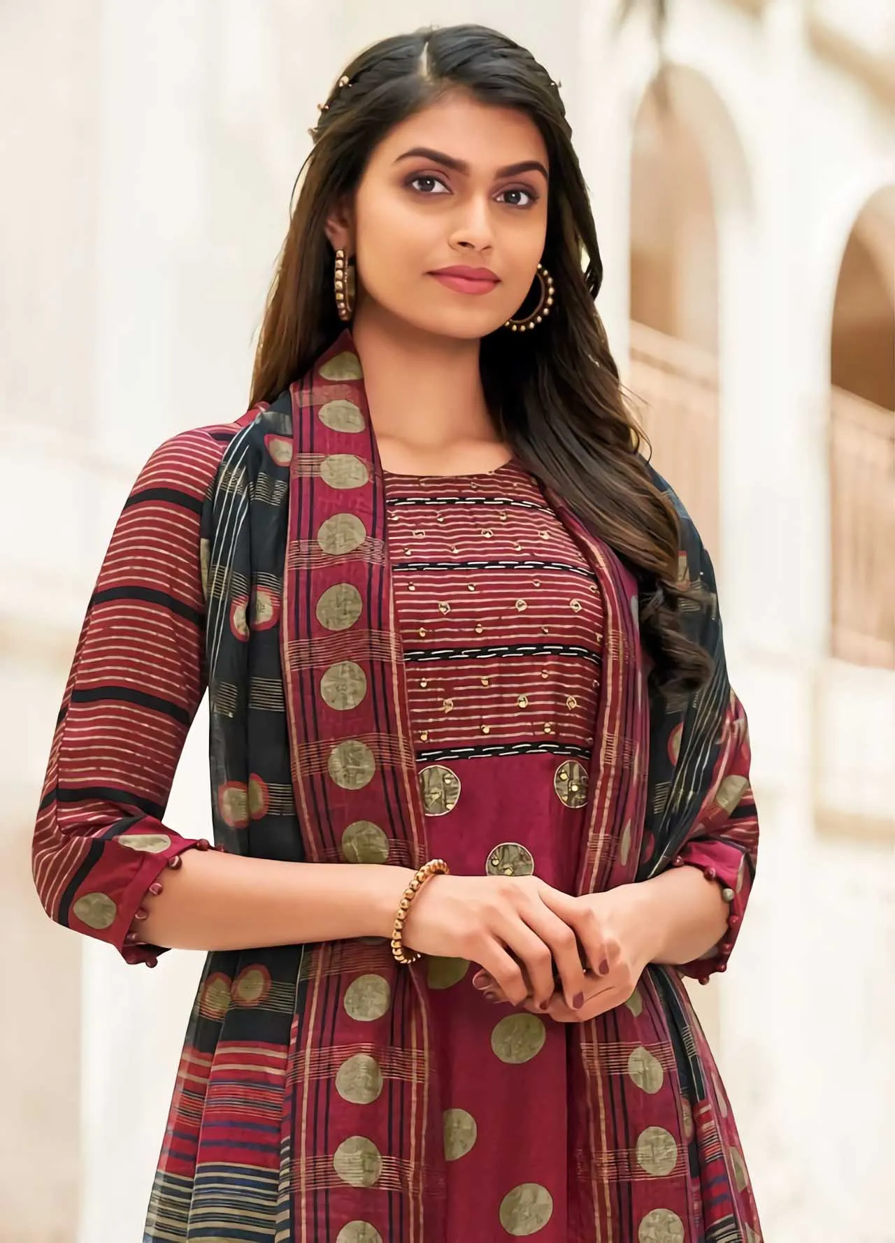 Unstitched Maroon Muslin Silk Salwar Kameez Suit Set With Chanderi dupatta