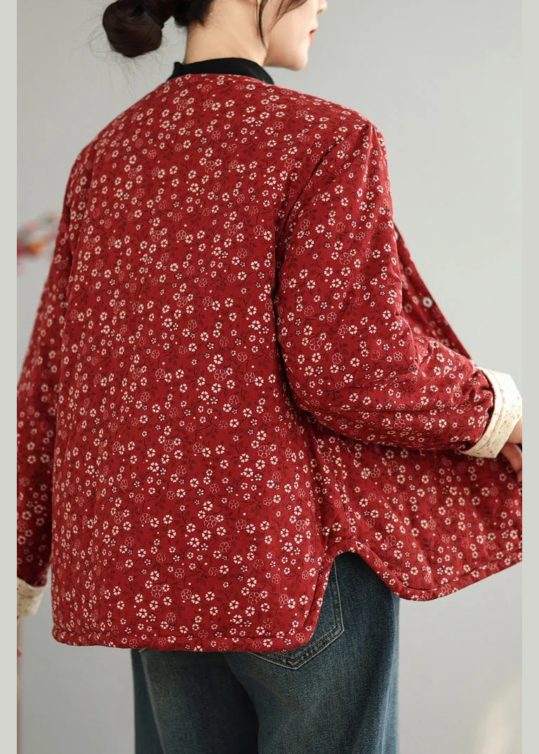Vintage Red O Neck Button Print Thick Coats Winter QG040