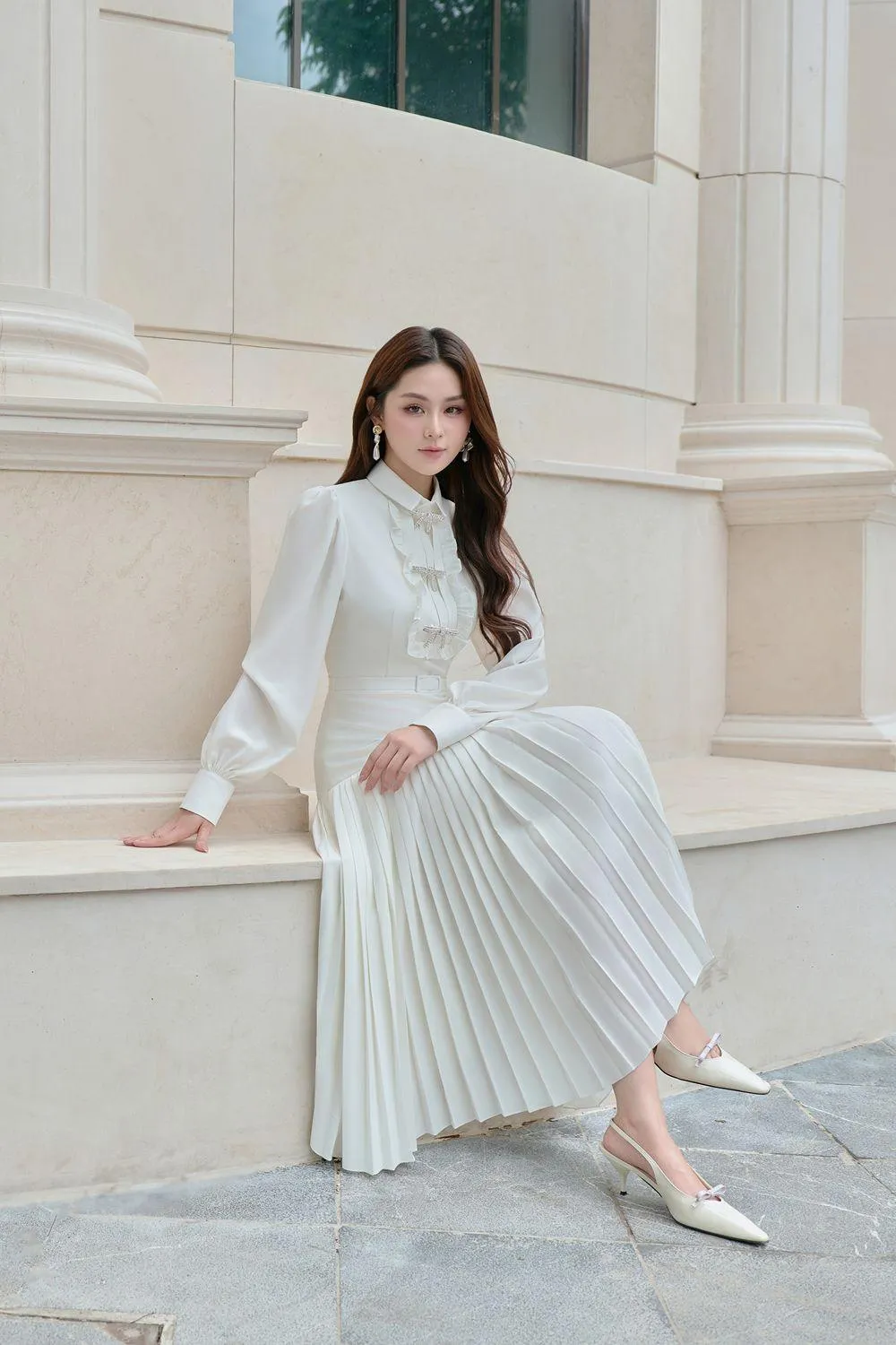 Vita A-line Cuff Sleeved Silk Cotton Blend Midi Dress