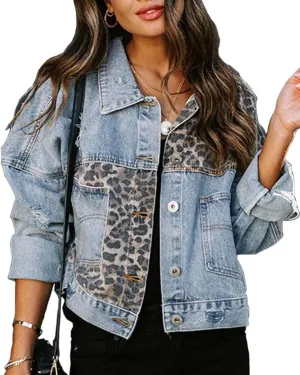 Women's Distressed Washed Leopard Denim Jean Jacket Button Down Long Sleeve Ripped Cheetah Jean Coat