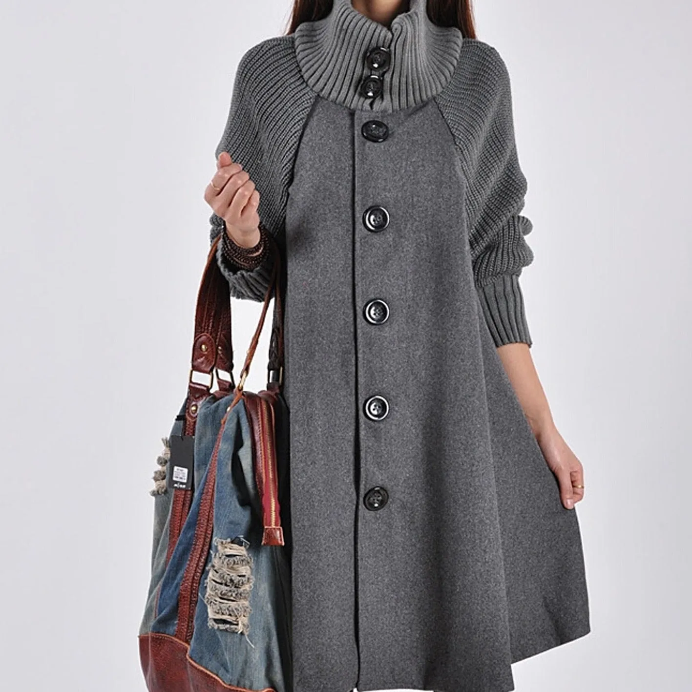 Women's Warm Wool Turtleneck Trench Coat with Big Buttons | Ideal for Autumn/Winter