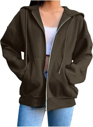 Womens Zip Up Hoodies 2025 Comfy Oversized Sweatshirts Cropped Fashion Long Sleeve Casual Lightweight Y2K Hooded Jackets
